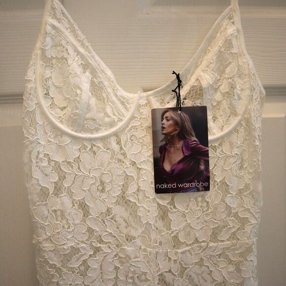 Naked Wardrobe 1192 Women's Sz Medium Ivory Sheer Lace Sleeveless Jumpsuit - Picture 3 of 9